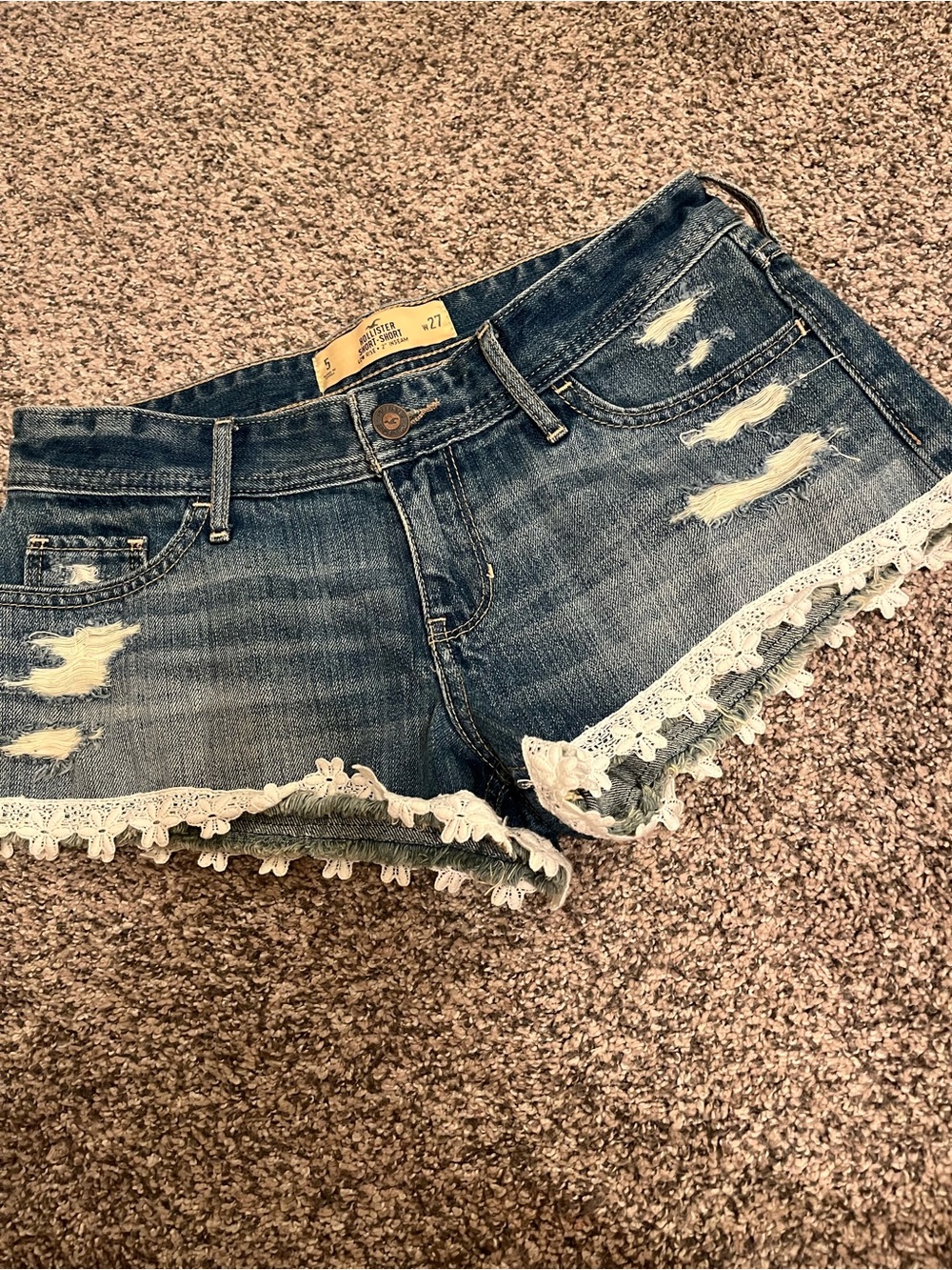 Hollister Distressed Denim Shorts with Lace Trim - Blue